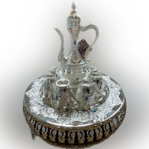 - Turkish Coffee Pot Set Turkish Tea Set with 6 Luxury cup -silver